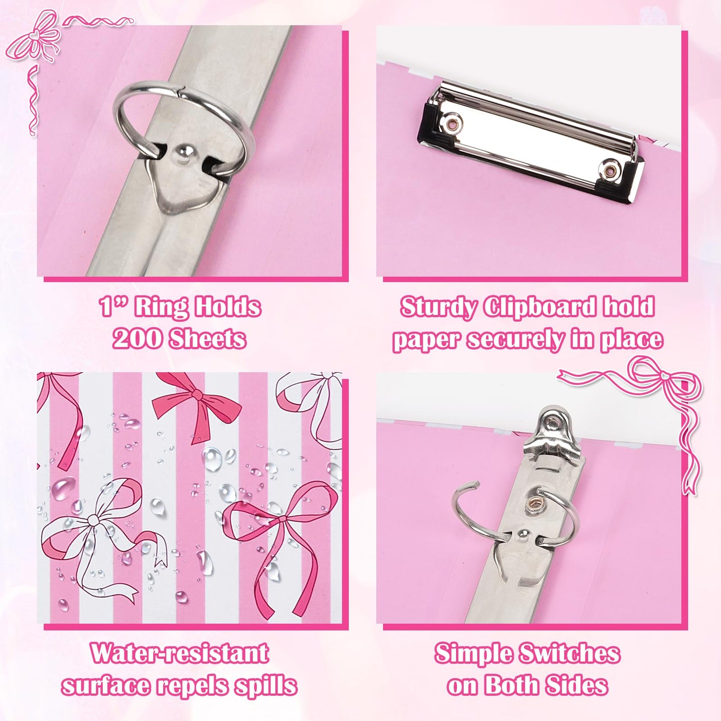 1 Inch 3 Ring Binder with Clipboard, Cute Binder Pink Bow Design, Holds 200 Sheets A4 Letter, Inside Pockets & 5 Tab Dividers, Pretty Classic Pink Binder for School Office Supplies(Pink Striped Bow)