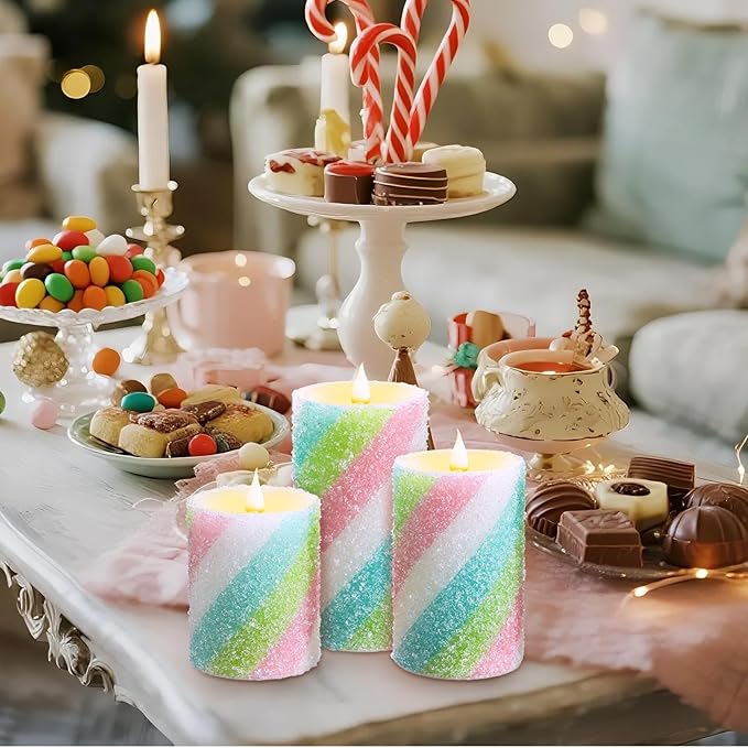 Baquler 3 Pcs Pastel Candy Flameless Candles Christmas Candy Stripe LED Pillar Candles Pastel Battery Operated Candlestick for Holiday Party Centerpiece Xmas Home Decoration