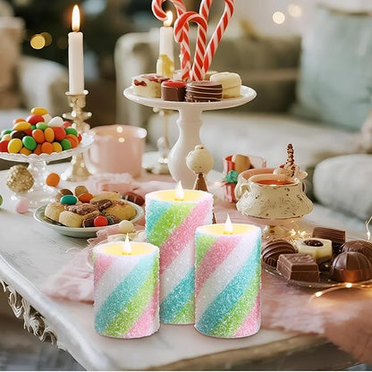 Baquler 3 Pcs Pastel Candy Flameless Candles Christmas Candy Stripe LED Pillar Candles Pastel Battery Operated Candlestick for Holiday Party Centerpiece Xmas Home Decoration