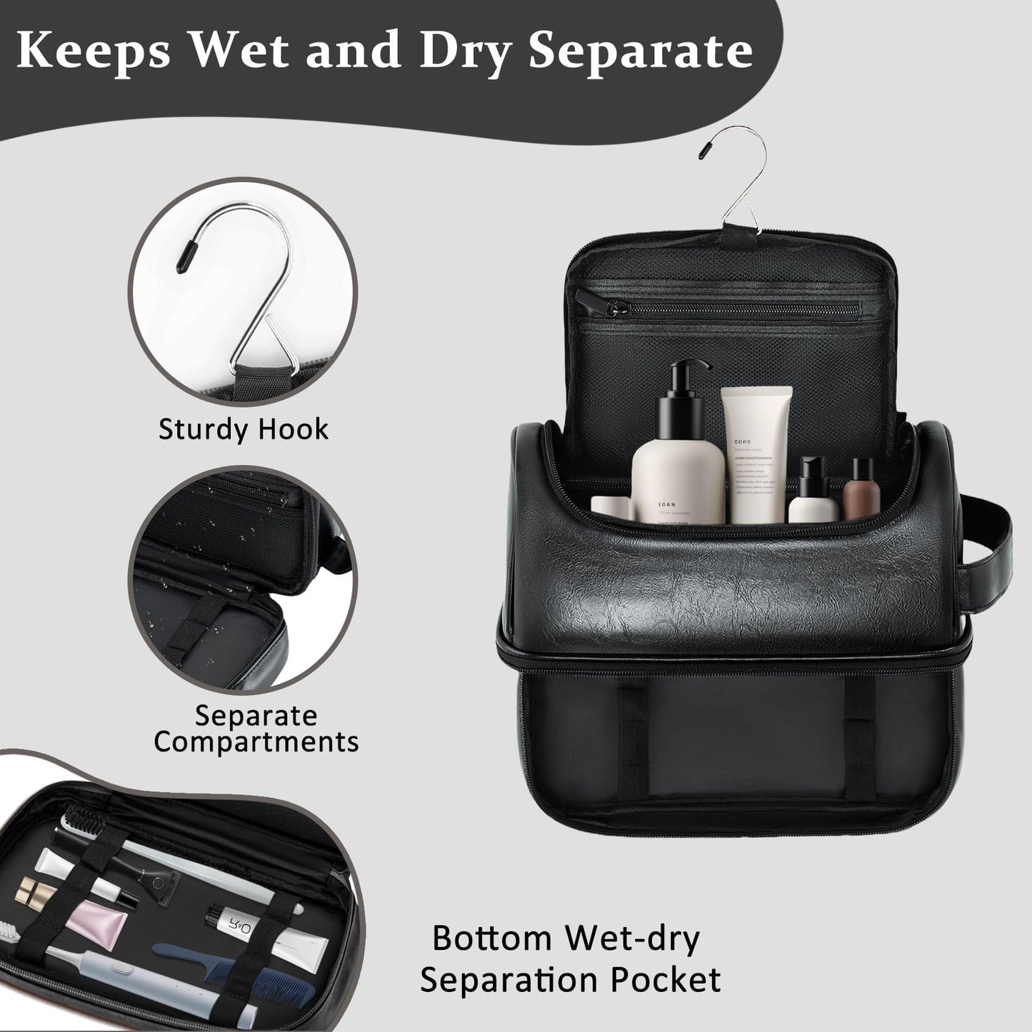 Aganmi Personalized Gifts Travel Toiletry Bag for Men Him, Laser-Engraved Initial PU Leather Waterproof Shaving Bag Christmas Birthday Gift for Men Dad Husband Boyfriend Groomsmen, Black M