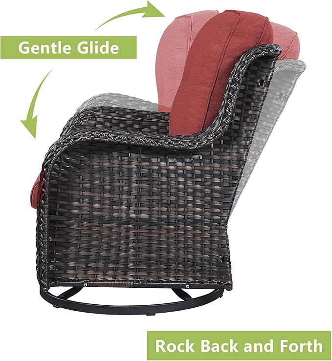Rilyson Patio Chairs Rocking Swivel Chiar - 2 Piece Outdoor Wicker Furniture Chairs Set Rattan Rocker Chairs with High Back and Deep Seating for Outside Porch Deck Garden(Brown/Red)