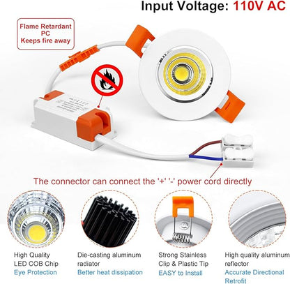 inShareplus 2 Inch LED Downlight, 3W Recessed Lighting COB Dimmable, 5000K Daylight White, CRI80, Ceiling Lights with LED Driver, 20 Pack