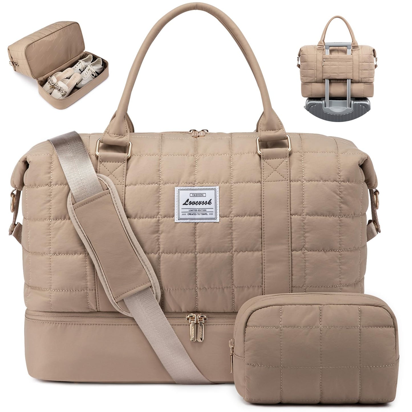 LOVEVOOK Travel Duffel Bag - Versatile Weekender Bag for Women, Puffer Carry On & Overnight Bag for Short Trips, Coffee Brown
