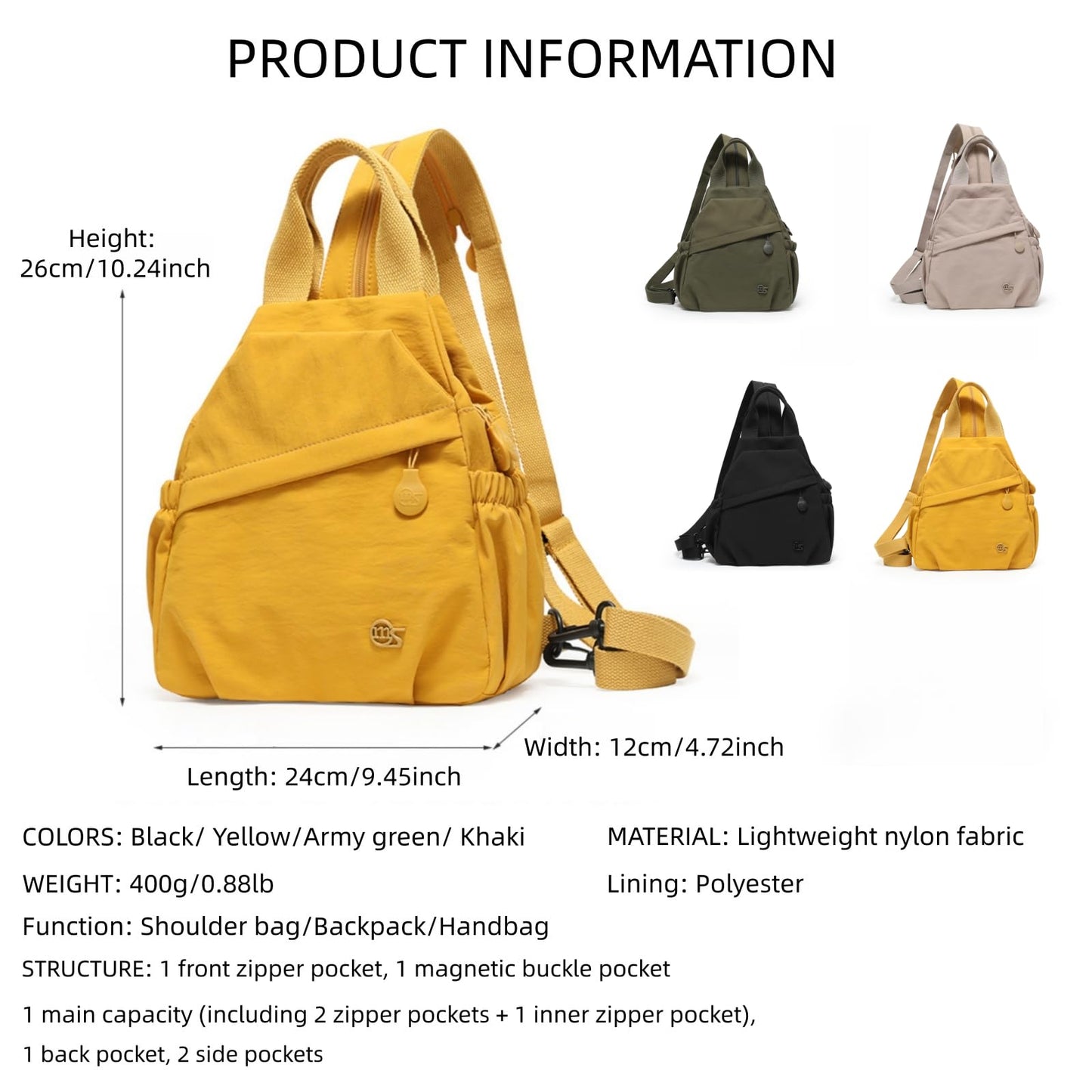 Wafybsre Convertible Sling Backpack for Women, Water-Resistant Lightweight Nylon Pack Hiking Travel Bag (Yellow)