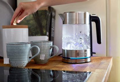 Russell Hobbs Kettle Glass & Stainless Steel Small [0.8 L] Compact (2200 W, Blue LED Lighting, Removable Limescale Filter, Small Travel Kettle) Tea Maker 24190-70