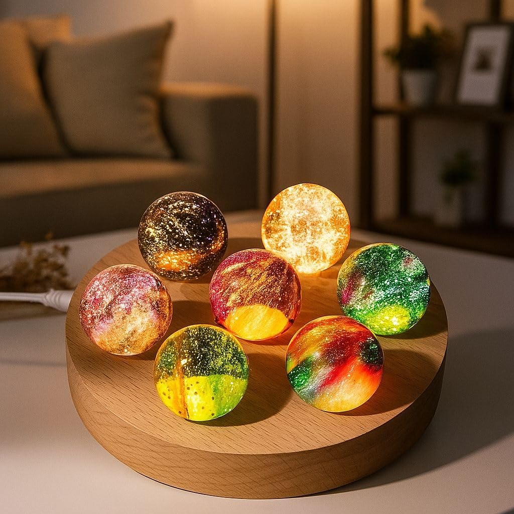 Huniruyo 7 Chakra Natural Healing Spheres with LED Wooden Stand 40mm Crystal Quartz Stones for Meditation Attracts Lucky Night Light Decoration Balls Set for Home Office (Cup Dolly)