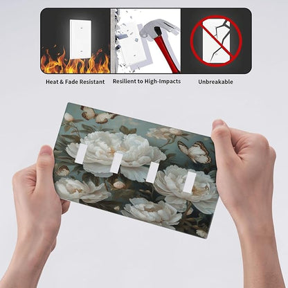 Decorative Art Light Switch Covers Butterflies & Peonies Quad Toggle 4 Gang Wall Plate Switch plate Electrical Faceplate for Home Decor
