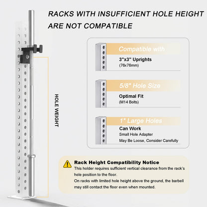 Rack-Mounted Olympic Barbell Holder for 3x3 Power Racks, No Drilling Required – Heavy-Duty Steel Storage with Protective Padding, Fits 5/8''-1'' Holes – Space-Saving Gym Equipment