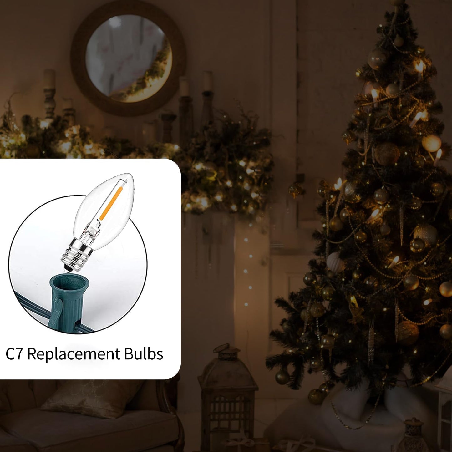 CHYParty 12 Pack C7 LED Christmas Bulbs, E12 Candelabra Base, 0.6W Warm White Dimmable Clear - Halloween Light Bulbs for Indoor/Outdoor String Lights, Patio Party Wedding Xmas Tree Replacement