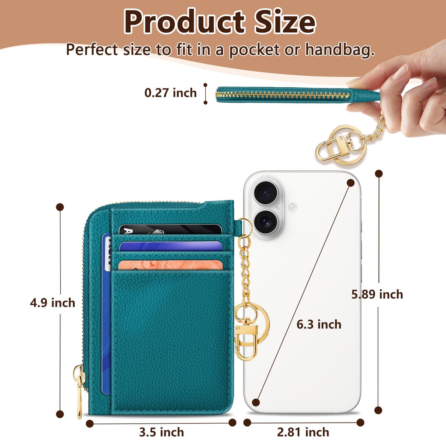GIANCOMICS Slim Wallet Credit Card Holder Women, Peacock Blue Rfid Blocking Small Card Case, Keychain Thin Pocket Curved Zipper Wallet, Travel Card Holder PU Leather ID Window, Ladies Female Gifts