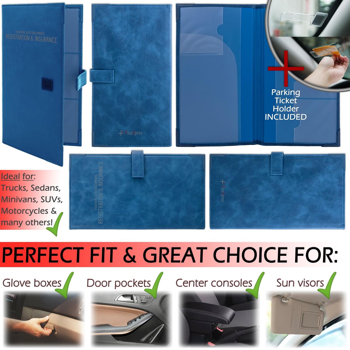 Auto Insurance and Registration Card Holder - Vehicle Glove Box Document Organizer - Car Essential Paperwork Holder for DMV, AAA, Contact Information Cards - Premium PU Leather Wallet Case - Blue