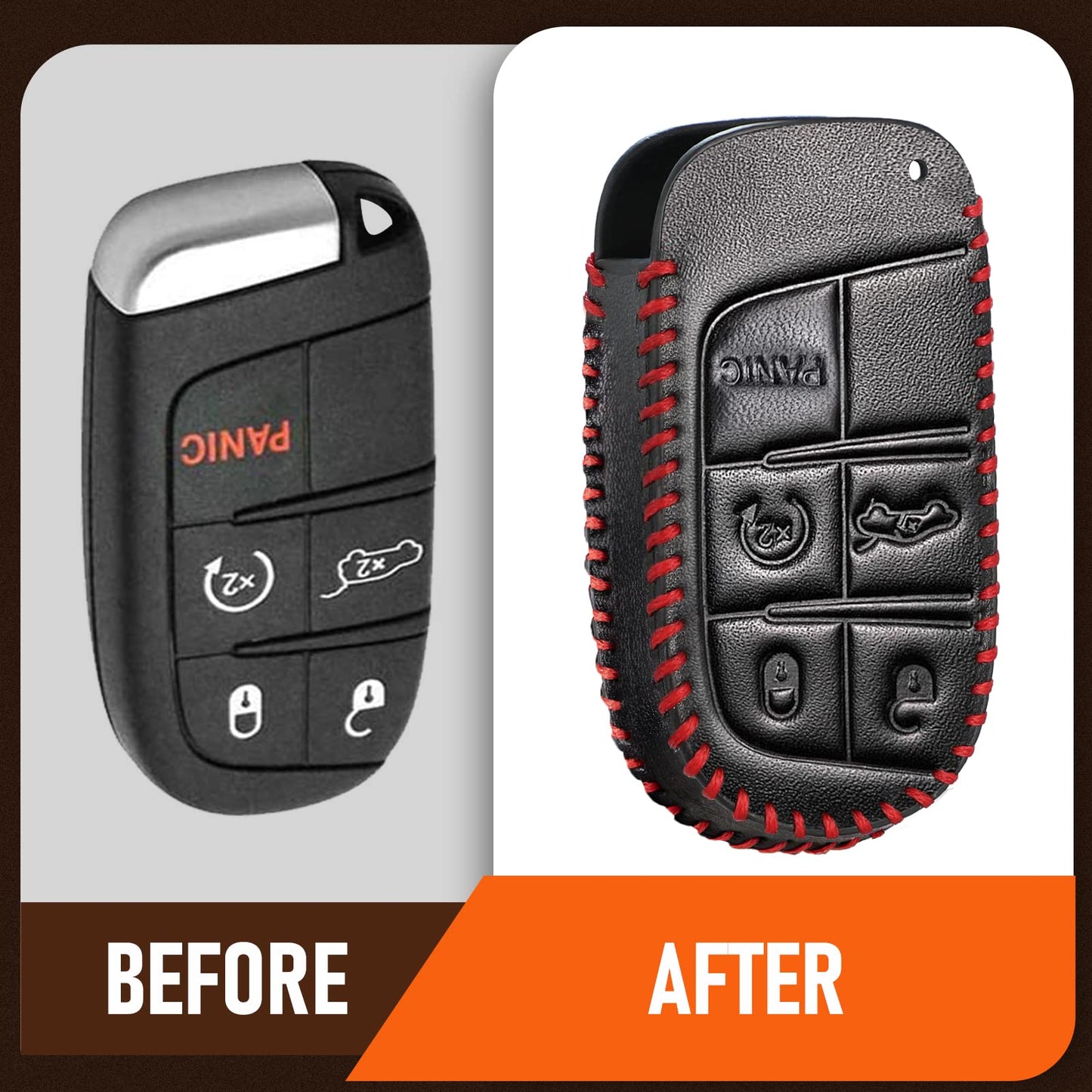 Slohif Key Fob Cover Keychain Accessories for Jeep for Grand Cherokee Renegade Chrysler 200 300 Dodge RAM Durango Charger Challenger Journey Dart Fiat 5 Buttons, leather Case+D-Ring+Hook(Black)