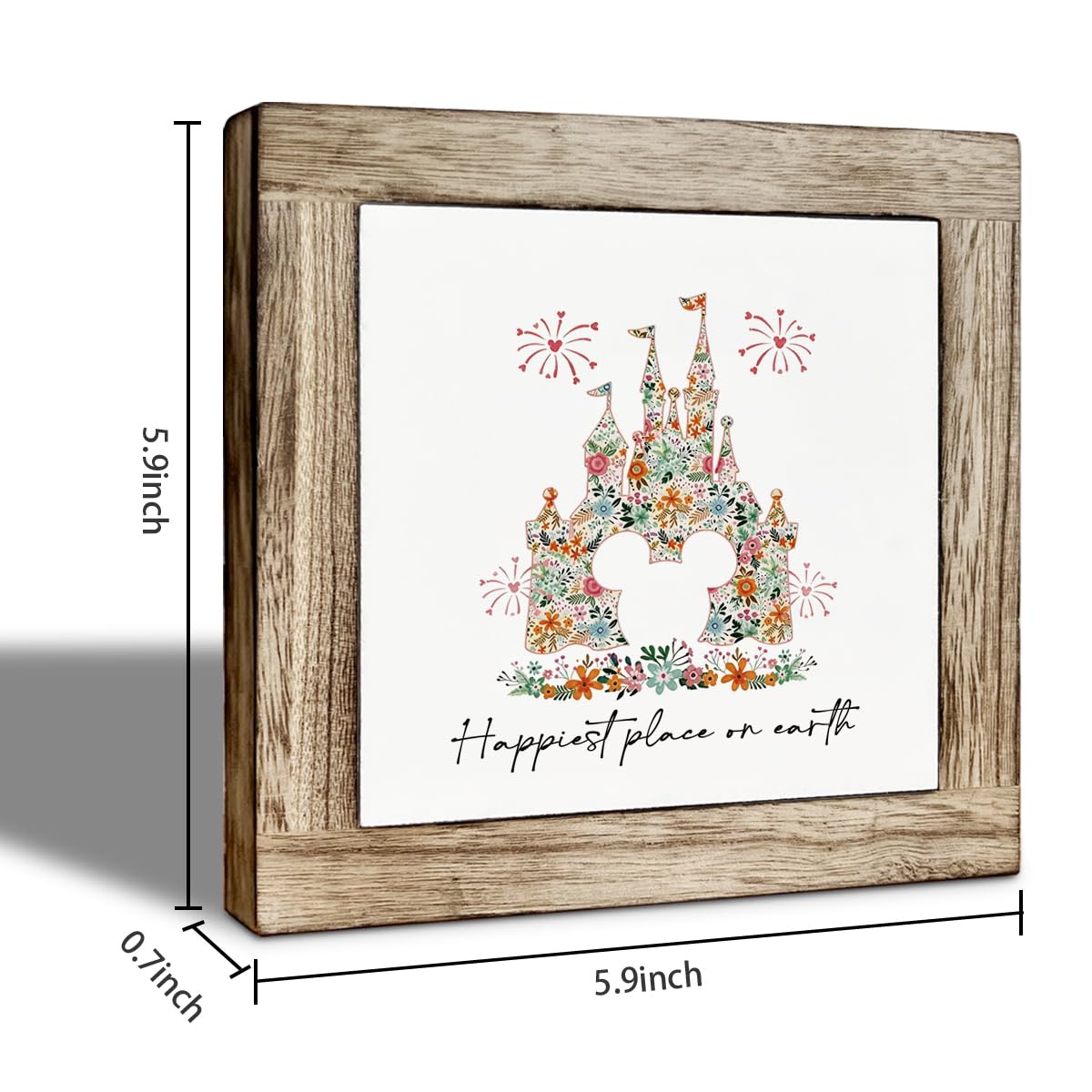 Magical Kingdom Floral Graphic Wooden Decor, Princess Castle Decoration for Bedroom Living Room Office Desk Shelf Accessories, 5.9x5.9 Inch