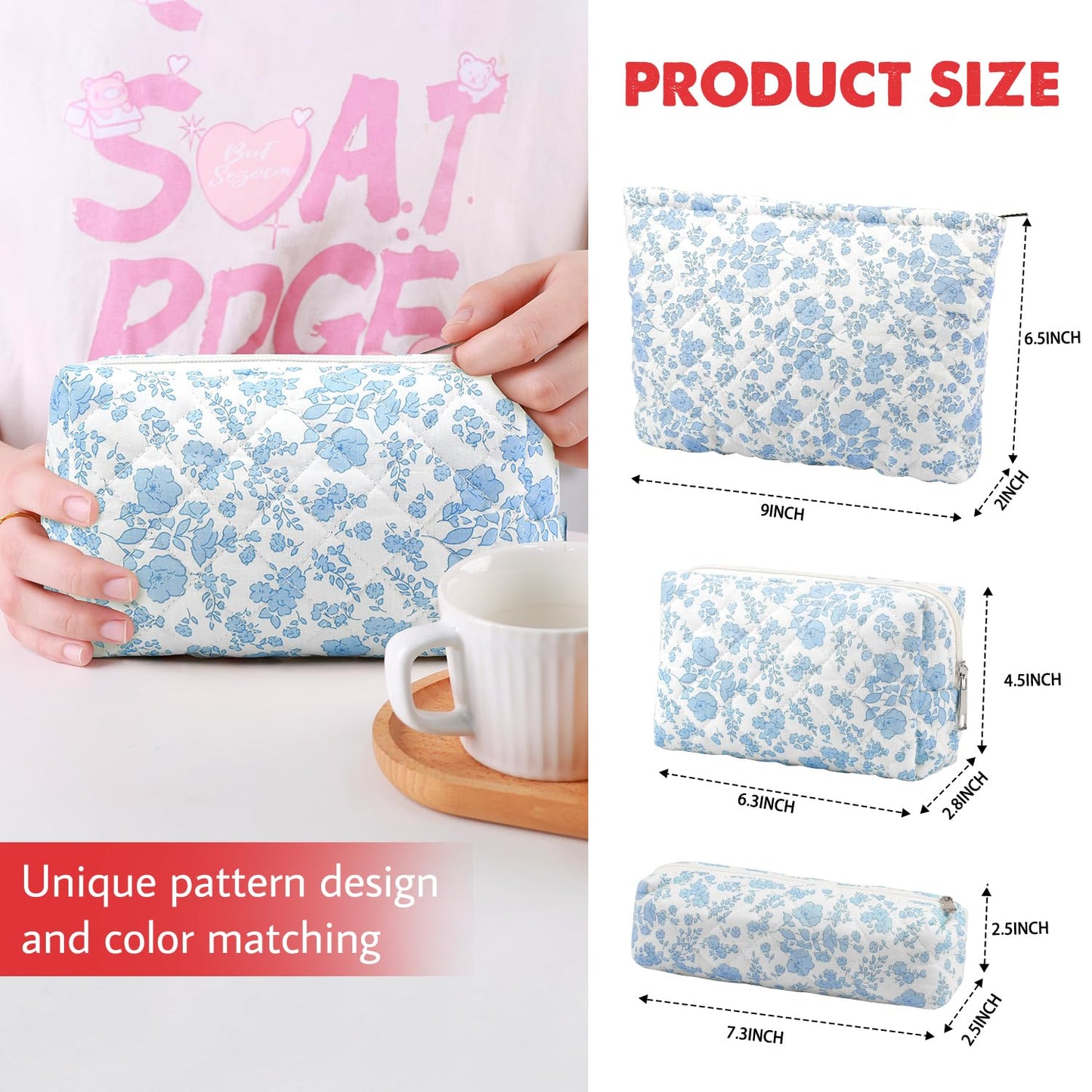 3 Pcs Makeup Bag Cosmetic Bag Set for Girls Women Checkered Travel Organizer Bathroom Toiletry Pouch Large Capacity Storage Bag(Blue Flower)