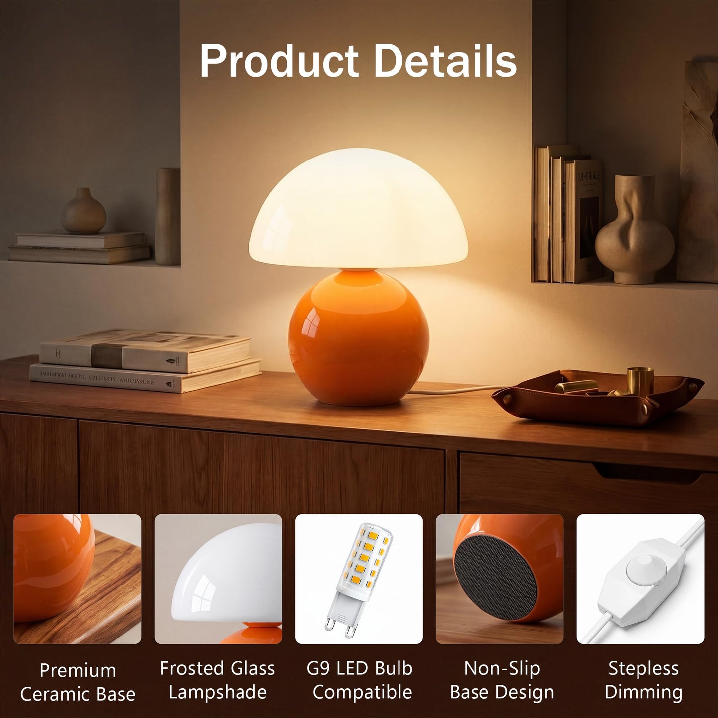 Dawnwake Mushroom Lamp Table Lamp for Bedroom,Desk Bedside Small Lamps for Living Room Night Stands,Mushroom Decor Cute Mini Modern Mid Century Lamps,Unique Aesthetic Home Living Room Decor(Orange)