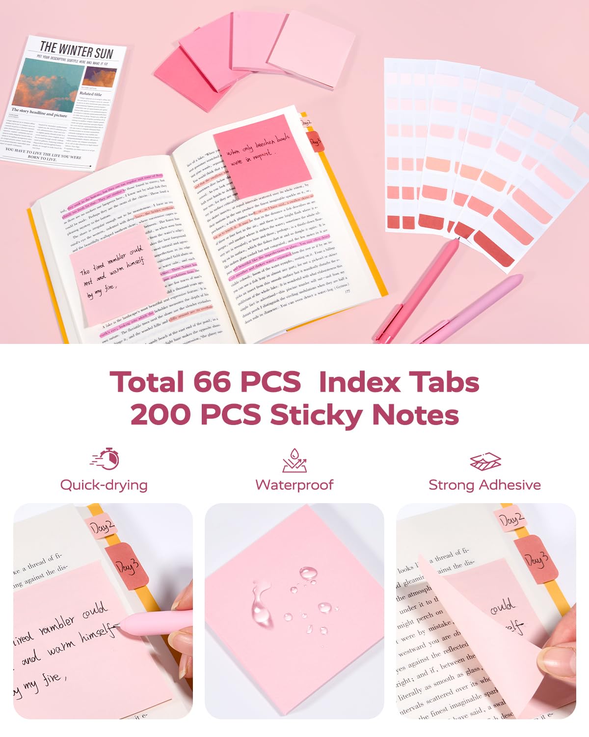 Four Candies Pink School Supplies with Case, Gel Pens with Black Ink, Correction Tapes, Pastel Highlighters, Mechanical Pencils, Sticky Notes, Index Post for Bible Study Stationary College Essentials