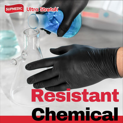 Supmedic Black Nitrile Exam Gloves, 5 Mil Chemical Resistant Powder-Free Food Safe Disposable Medical Glove 100Pcs (Large)