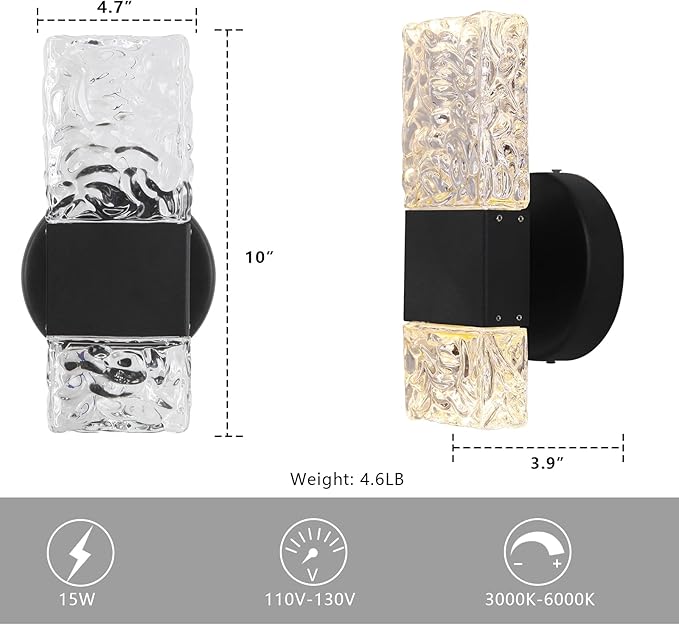 HuisMier Black Crystal Wall Sconces, Modern 3000K-6000K Dimmable LED Wall Light Fixtures with Remote, K9 Crystal Vanity Wall Lighting for Bathroom Bedroom Living Room Stairway Hallway, Hardwired