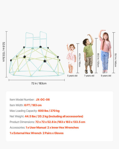 VEVOR Climbing Dome, 6FT Geometric Dome Climber for Kids, 600LBS Loading Indoor/Outdoor Jungle Gym Playground, Easy-Assembly Backyard Climbing Play Equipment for Boys Girls 3 to 10 Years Old