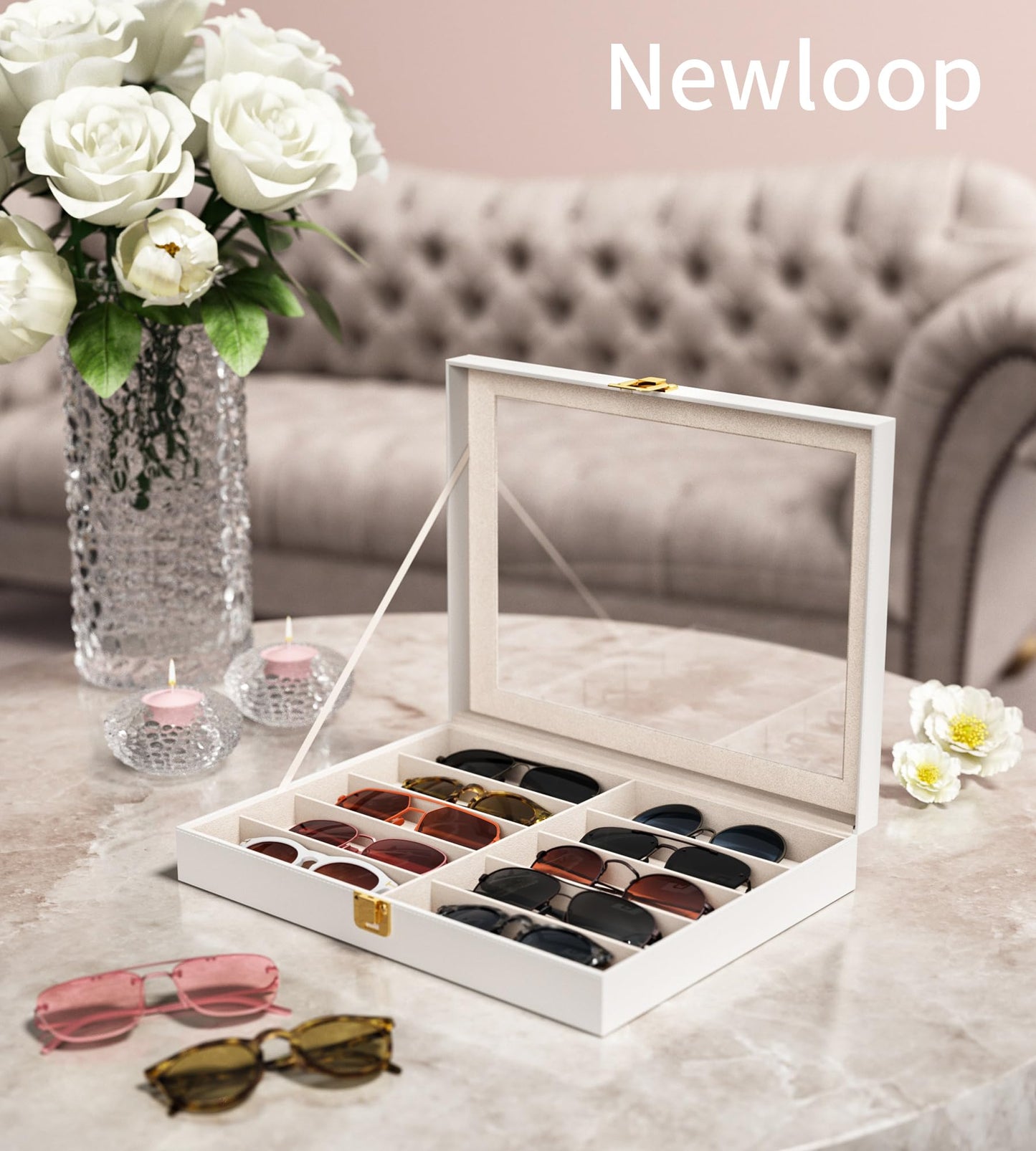NEWLOOP Sunglass Organizer for Women Men - Multiple Pair of Sunglasses Storage Box Eye Glass Watch Leather Display Case with 10 Slots White