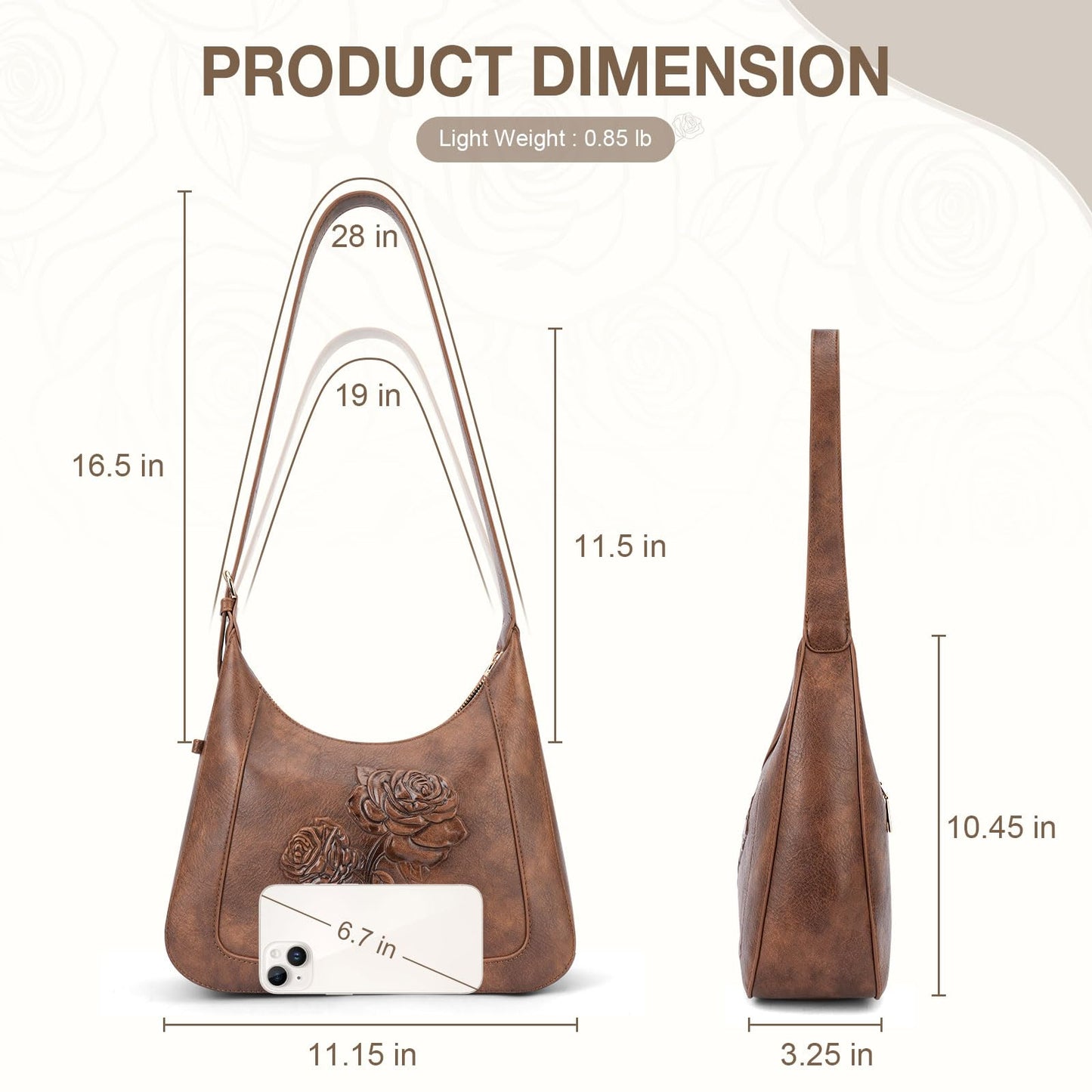 VIMUTI Small Shoulder Bag for Women, Vegan Leather Embossed Hobo Purse with Underarm Strap, Compact Daily Handbag (Brown)