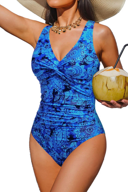 Holipick Blue Paisley Women Tummy Control One Piece Swimsuit - Push Up Bathing Suit Full Coverage Slimming Swimwear XL
