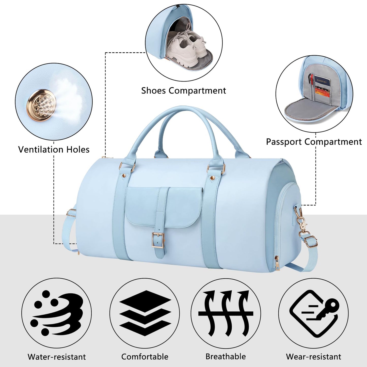 BOLOSTA 2 in 1 Convertible Garment Duffle Bags for Travel Foldable Carry On Garment Bag for Women with Shoe Compartment Leather Suit Bag for Hanging Clothes Long Dresses, Blue