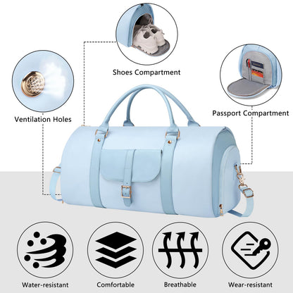 BOLOSTA 2 in 1 Convertible Garment Duffle Bags for Travel Foldable Carry On Garment Bag for Women with Shoe Compartment Leather Suit Bag for Hanging Clothes Long Dresses, Blue