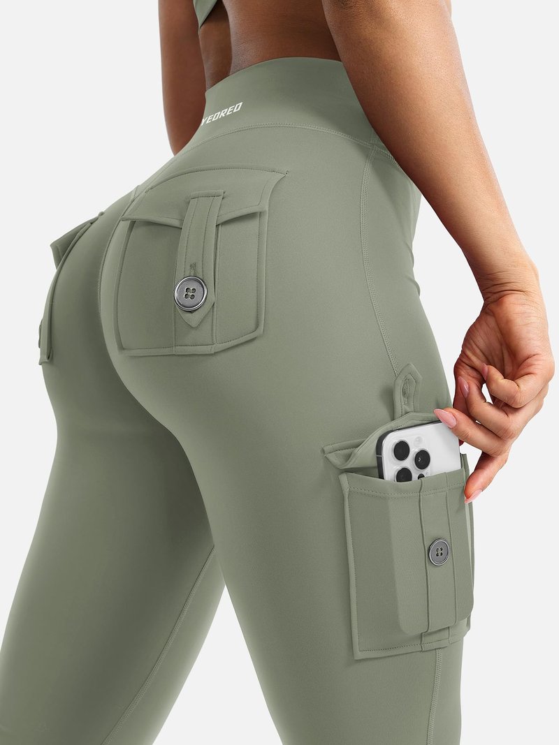 YEOREO CoreFlex Women Workout Flare Leggings with Pockets Hidden Scrunch High Waisted Cargo Gym Yoga Leggings Light Army Green XL