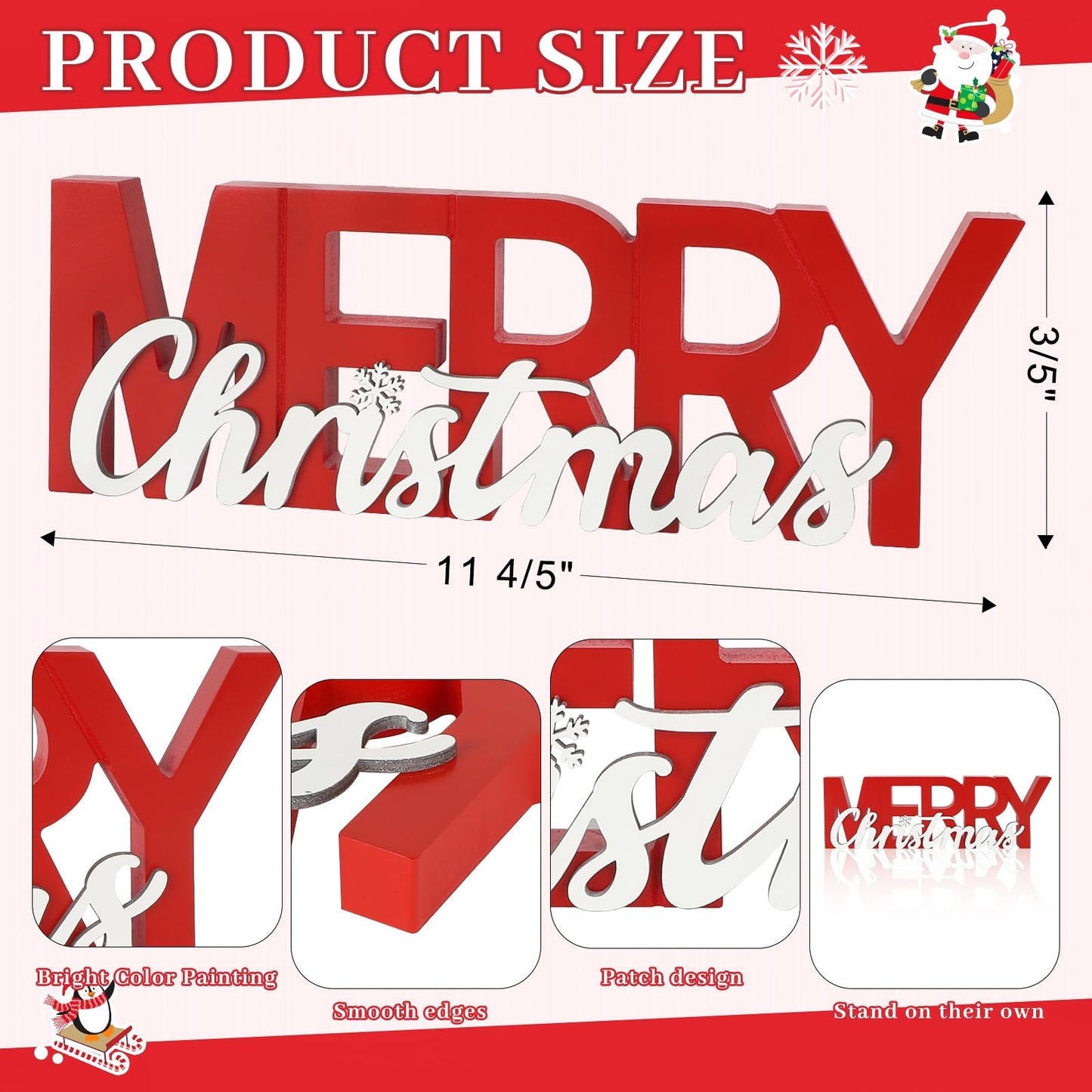 COCHIE Wooden Merry Christmas Sign, Winter Decorations for Home, Office, Shelf, Mantel, Indoor, Wood Snowflake Decor, Red White Table Top Party Decoration (Merry Christmas)