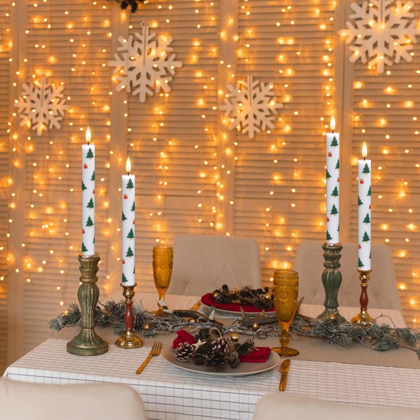 GenSwin Christmas Flameless Taper Candles, 4 Pack Christmas Tree Candles with Remote Timer, Real Wax Flickering LED Flameless Candlesticks Battery Operated with Decals for Home Decor(0.75” x 9.65”)