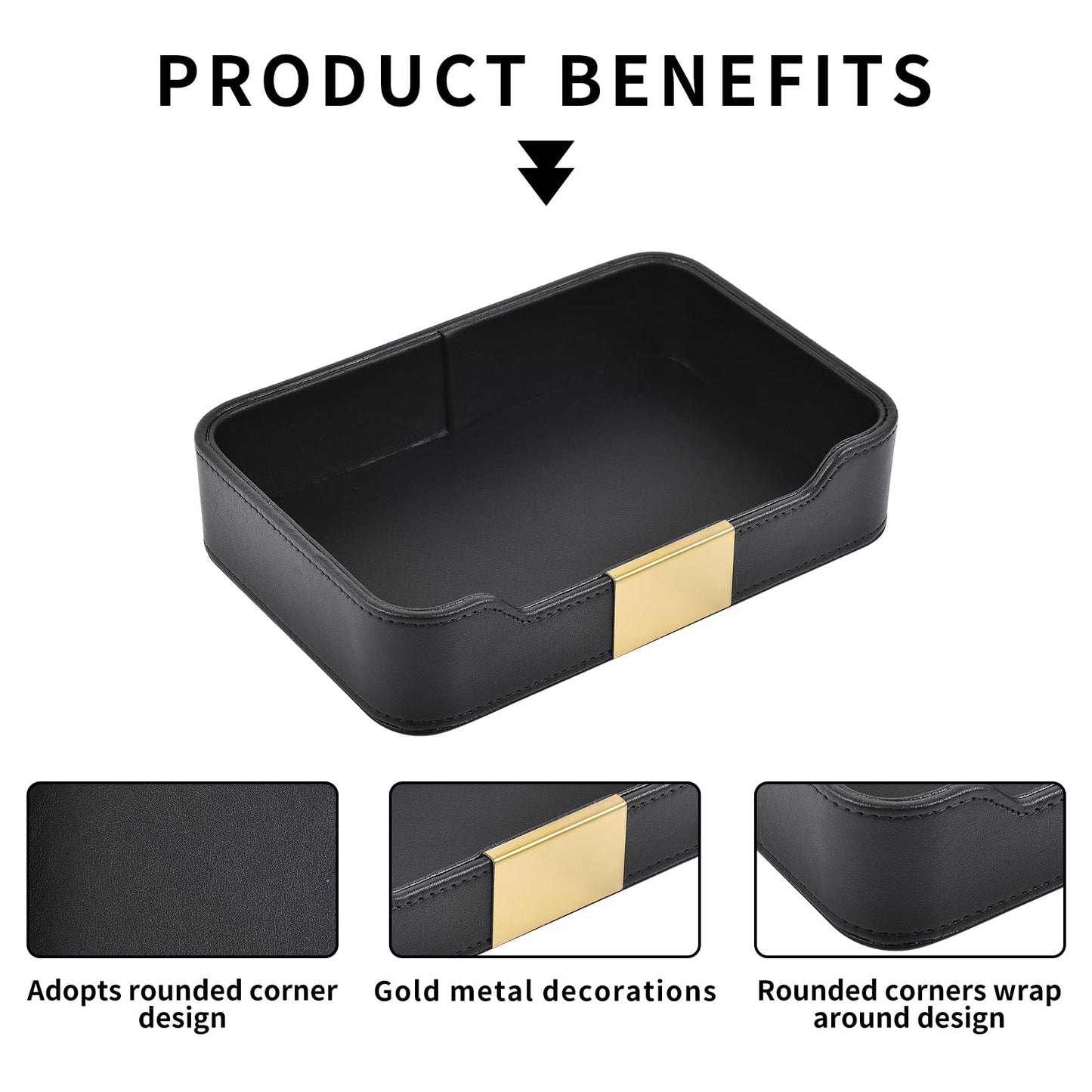 RHCSZ Luxury Leather Valet Tray Desktop Storage Organizer,Bedside Vanity Catchall Tray Nightstand Caddy Holder for Cosmetic,Jewelry,Watch,Keys,Phone,Wallet,Remote Controller,Pen,Black
