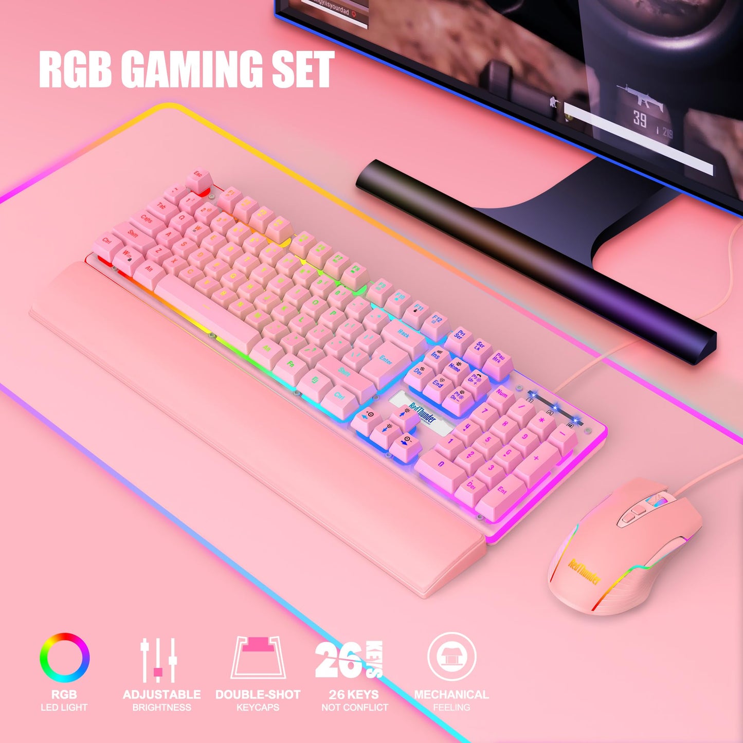 RedThunder K10 Wired Gaming Keyboard and Mouse and Wrist Rest Combo, RGB Backlit, Mechanical Feel Anti-ghosting Keyboard + 7D 7200 DPI Mice+Soft Leather Wrist Rest 3 in 1 PC Gamer Accessories(Pink)