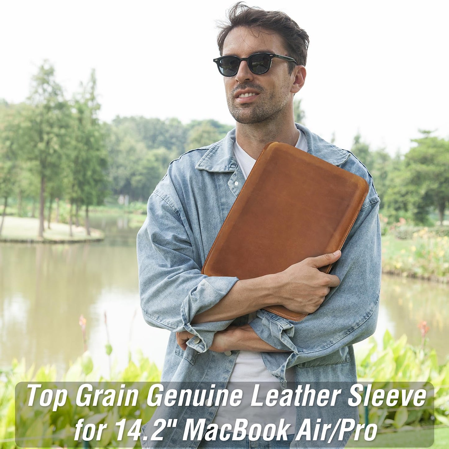 CataPurus Top Grain Leather 14.2" Laptop Sleeve Case, Solid Vintage Design, Compatible with MacBook Pro 14" 2021 M1 A2442 & Old Versioned 13-13.3 Inch MacBook Pro/MacBook Air, Brown 14.2 Inch