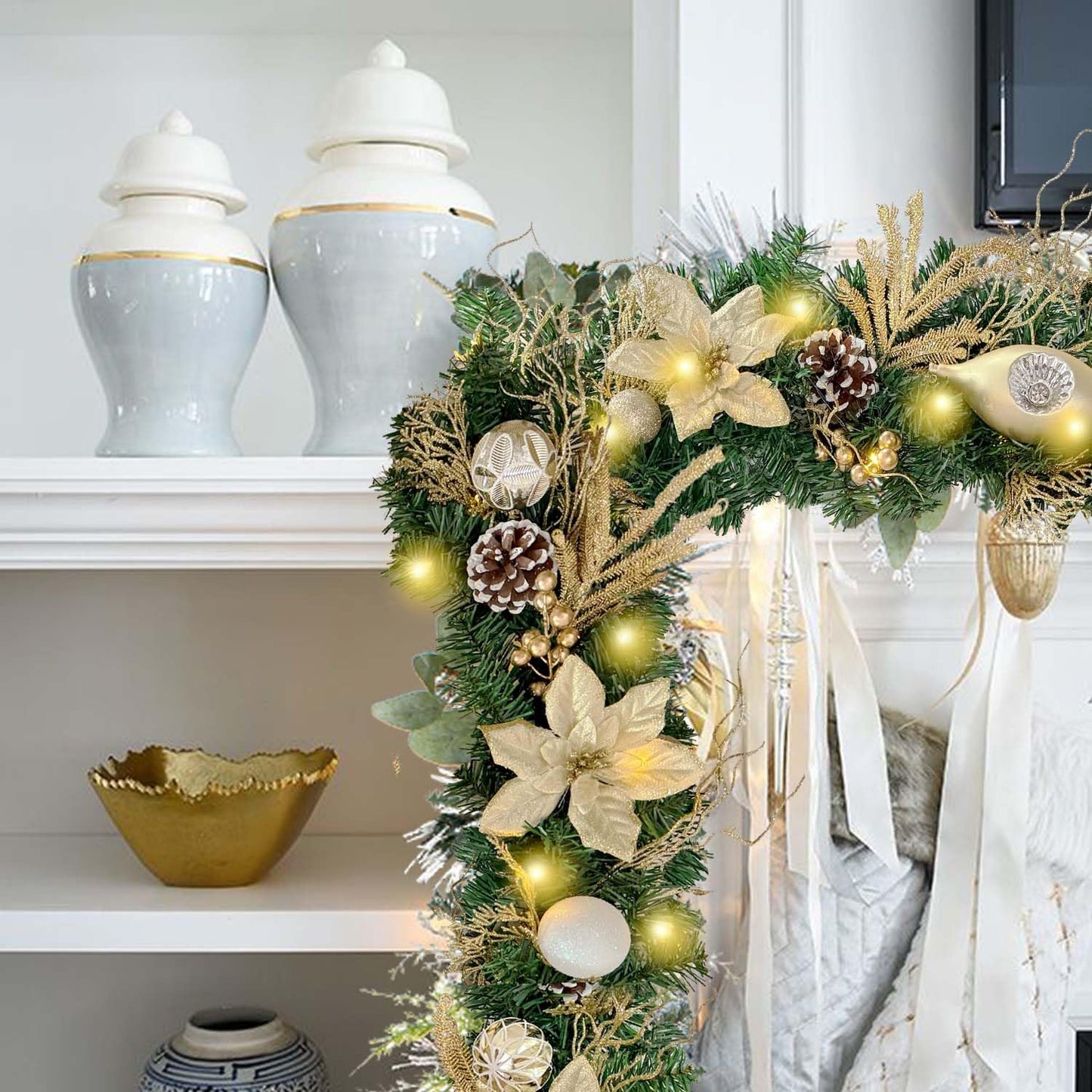 WANNA-CUL Pre-Lit 6 Feet/72 Inch Christmas Garland for Front Door with Lights Champagne Gold Christmas Mantel Garland Decoration with Ball Ornaments, Poinsettia Flowers,Ribbon,Battery Operated 30 LED