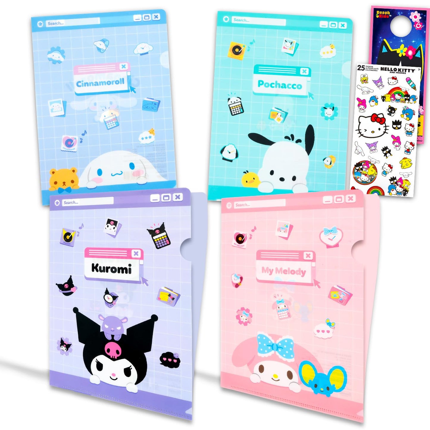 Sanrio Folders for School - Bundle with 4 Plastic Folders Featuring My Melody, Kuromi, Cinnammoroll, Pochacco Plus Stickers, More | Sanrio School Supplies for Girls