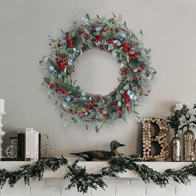 20 Inches Christmas Wreath Winter Wreaths Holiday Christmas Wreaths for Front Door Christmas Berry Wreath with Pine Needles Pine Cones Red Berries for Window Indoor Outdoor Winter Decorations