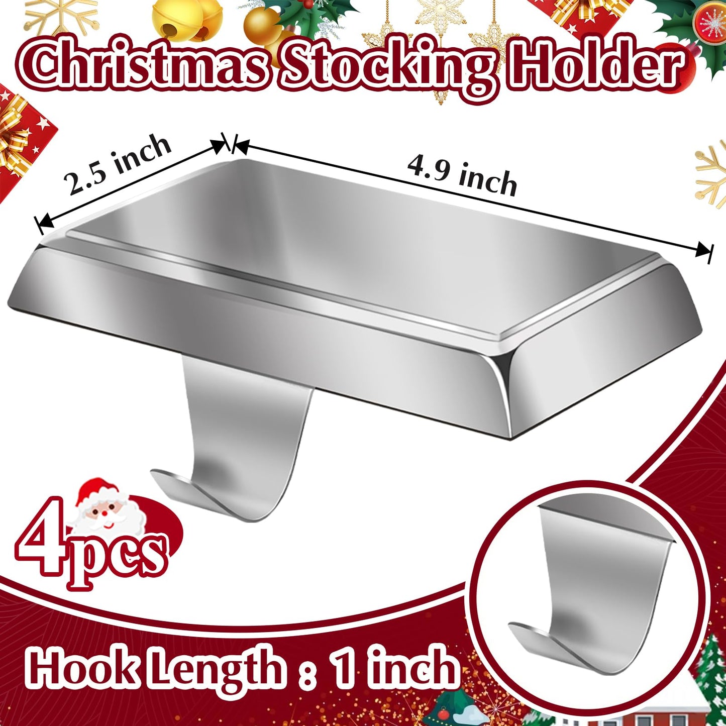 Liengoron 4PCS Christmas Stocking Holders for Mantle Stocking Hangers for Mantle Metal Fireplace Stocking Hooks with Non-Slip Base Christmas Ornaments for Christmas Holiday Party Decoration Silver