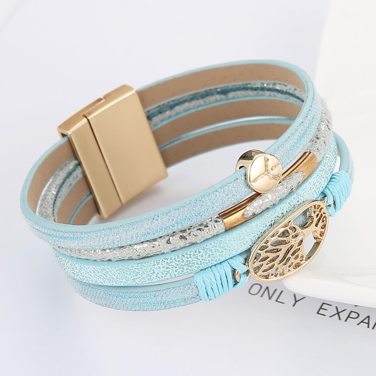 HZMAN Handmade Tree of Life Leather Wrap Bracelets for Women Boho Multilayer Cuff Bangle Gold Peace Sign World Peace Bracelet