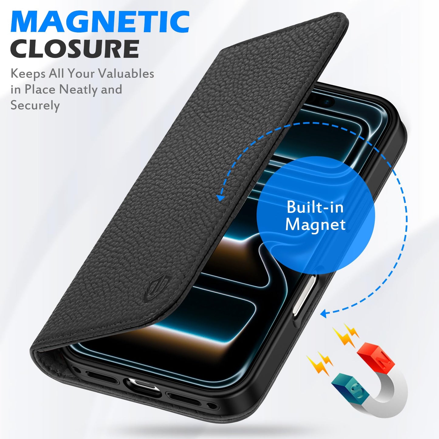 SHIELDON Real Leather Case Wallet for iPhone 17 Pro Max 6.9-inch | Foldable, Kickstand, RFID Blocking Credit Card Slot, Magnetic Closure, TPU Protective Inner Cover 5G 2025 - Pebbled Black