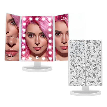 Impressions Vanity Hello Kitty Trifold LED Mirror, Desk Mirror with Lights and Touch Sensor Switch, Lighted Makeup Mirror with 2X and 3X Magnifying (White)
