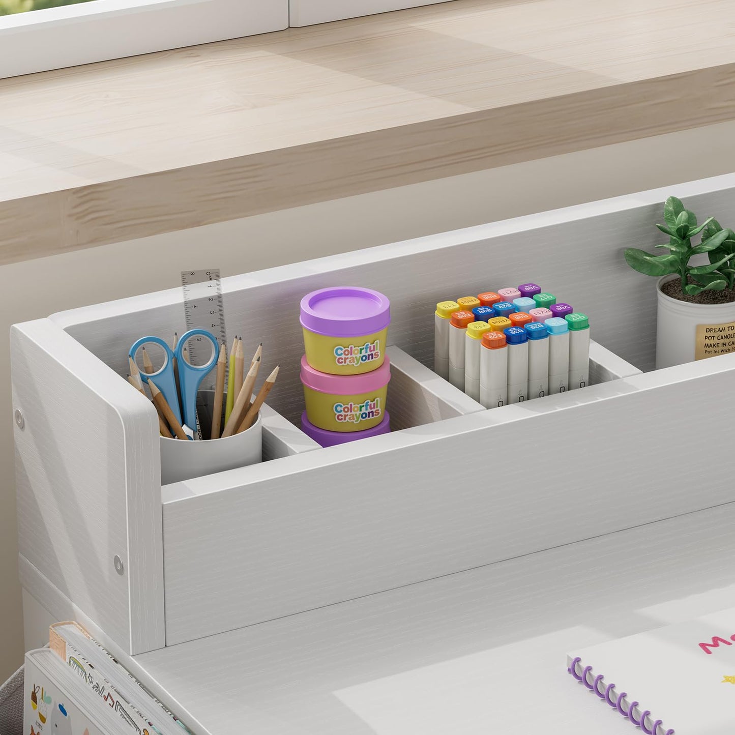 BOLUO White Kids Desk and Chair Set for 5-8 Year Old, Small Child Desk with Fabric Drawer, Children Study Table with Storage Toddler Girls Boys
