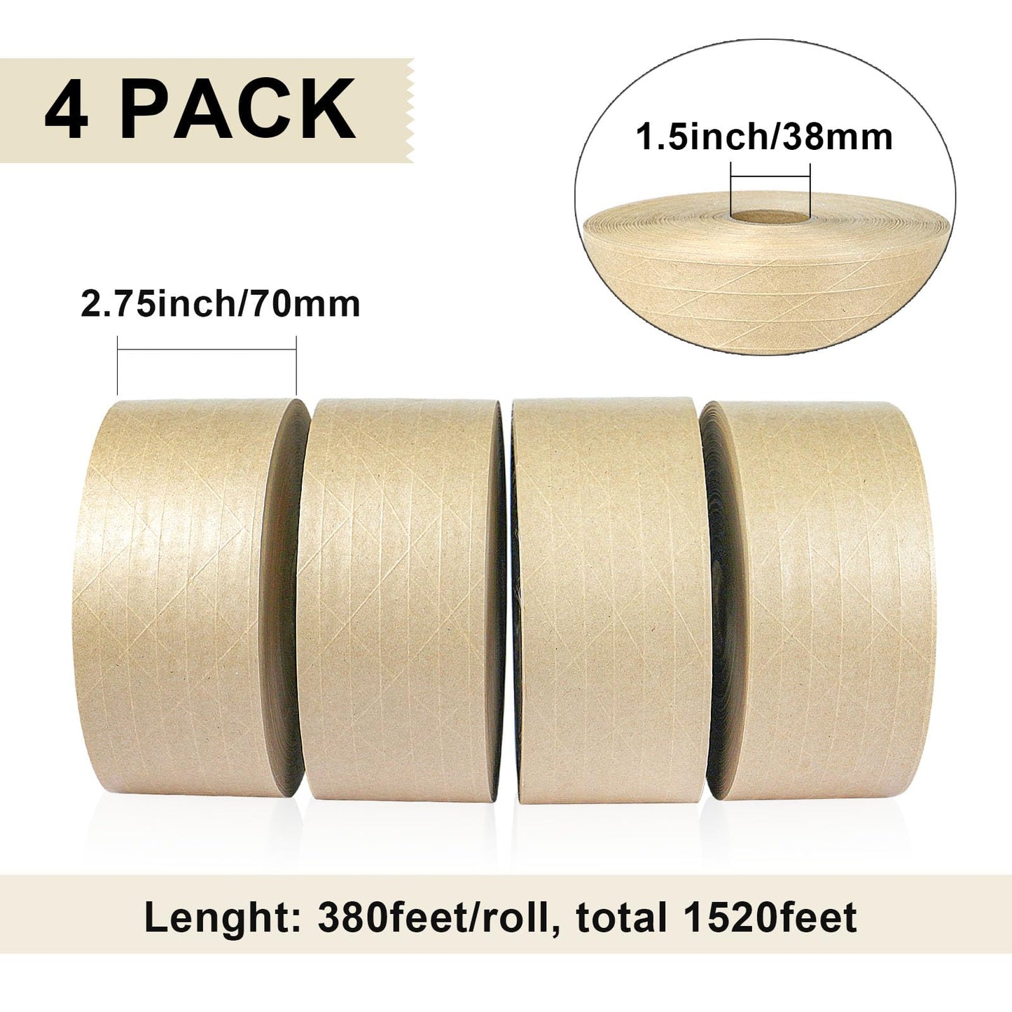 BOMEI PACK Reinforced Kraft Paper Packing Tape, 4 Pack 2.75 inch x 380 ft, Water Activated Gummed Kraft Tape for Heavy Duty Secure Packing, Shipping and Moving