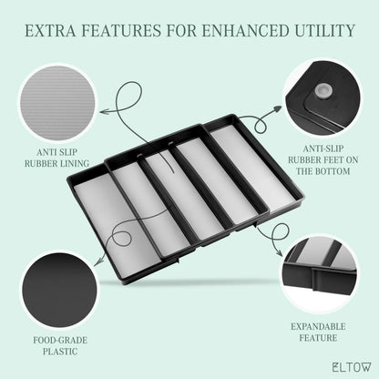 ELTOW Large Expandable Silverware Drawer Organizer, 8 Compartment Non-Slip & Adjustable Silverware Organizer for Drawer, Kitchen Organization for Utensils, Cutlery, Silverware Tray (Black)