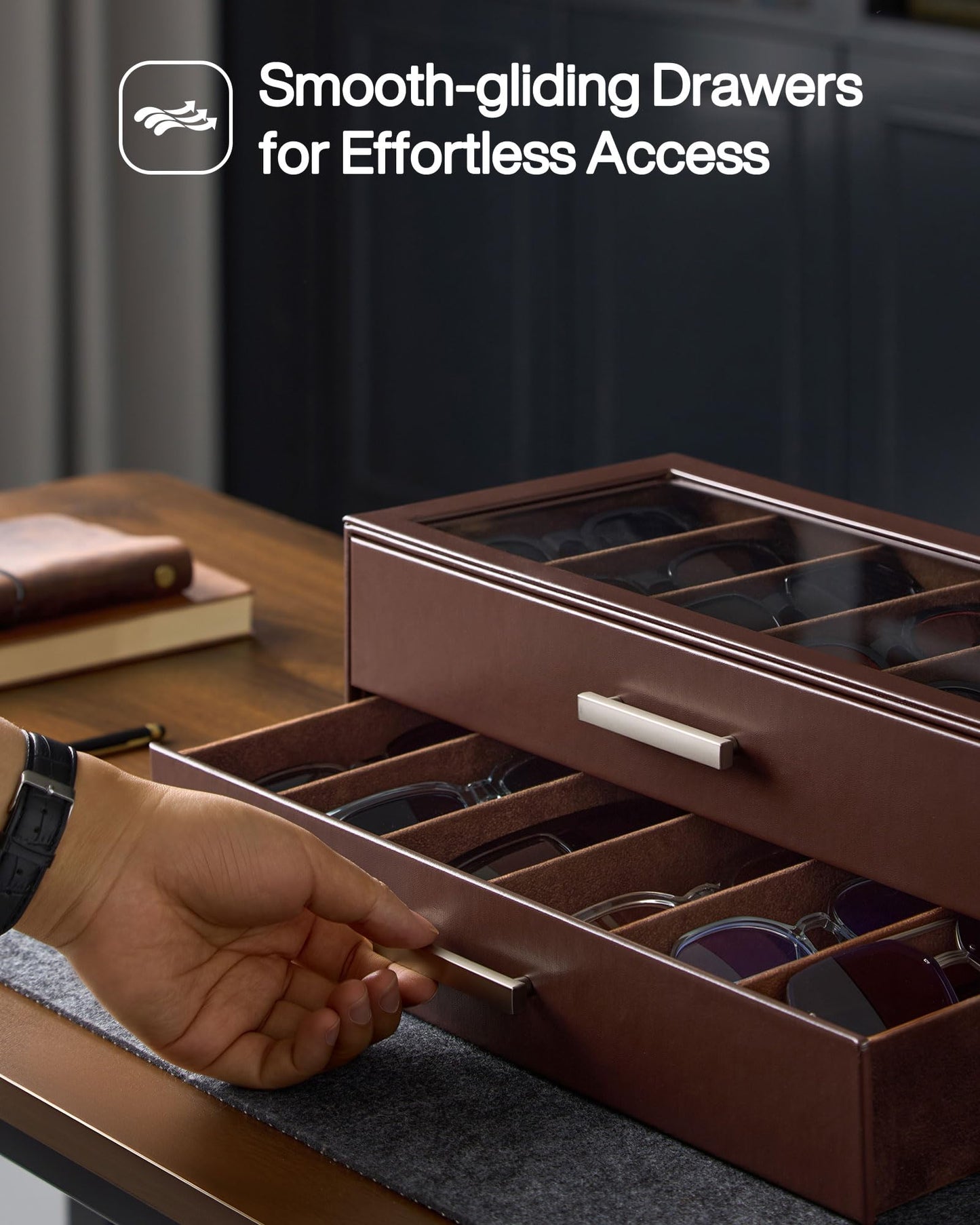 ProCase 12 Slots Sunglasses Organizer, 2-Layer Eyeglass Holder with Clear Glass Lid, PU Leather Glasses Storage Display Case for Men Women -Espresso