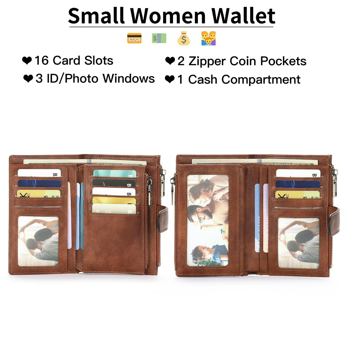 GOIACII Womens Wallets RFID Blocking Leather Trifold Clutch Wallet Credit Card Holder Ladies Purse 3 ID Windows Brown