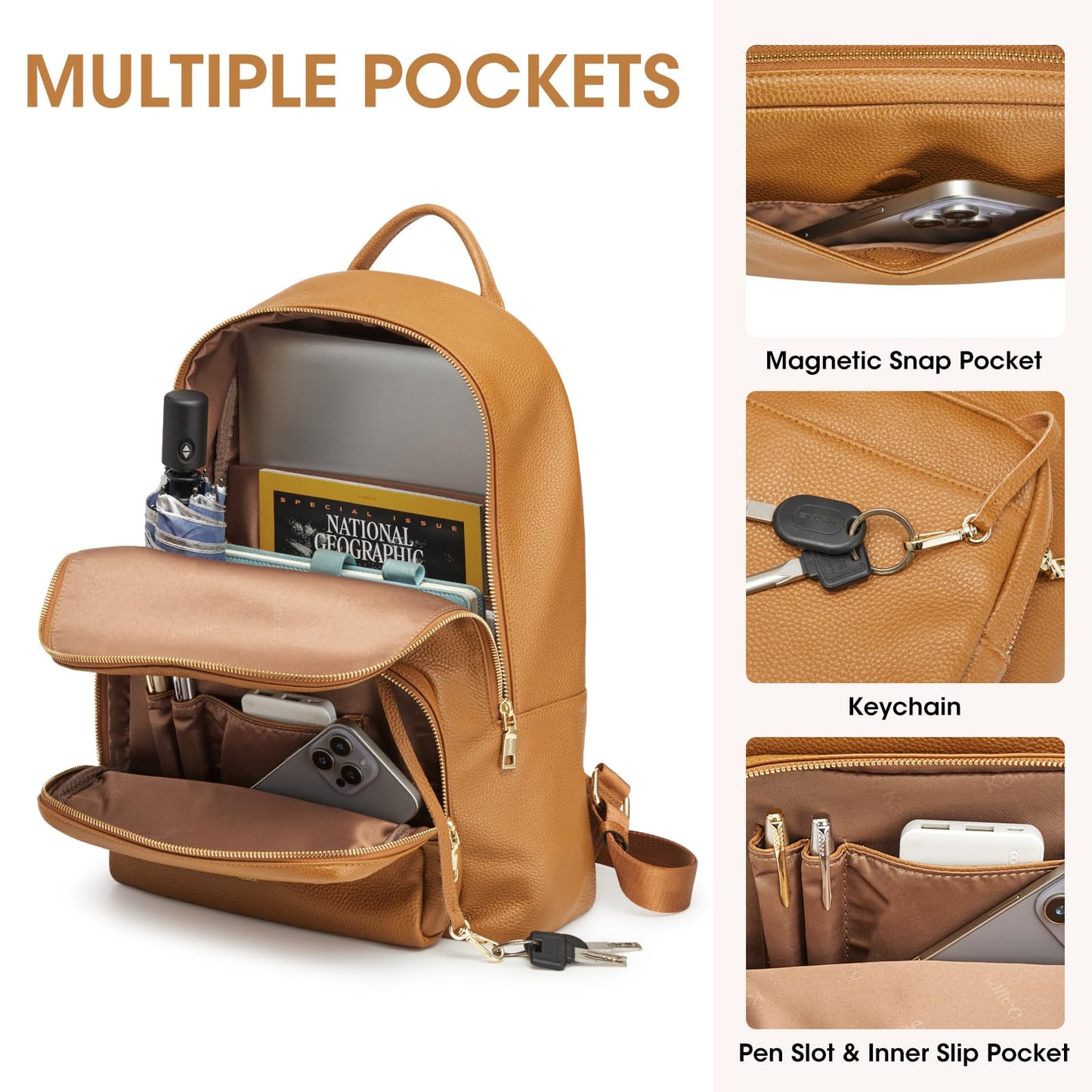 Kattee Leather Backpacks for Women,Fashion Multi-fuction Bag with Card Zipper Bag Attached at the Back for Travel Work Shopping and School, Brown