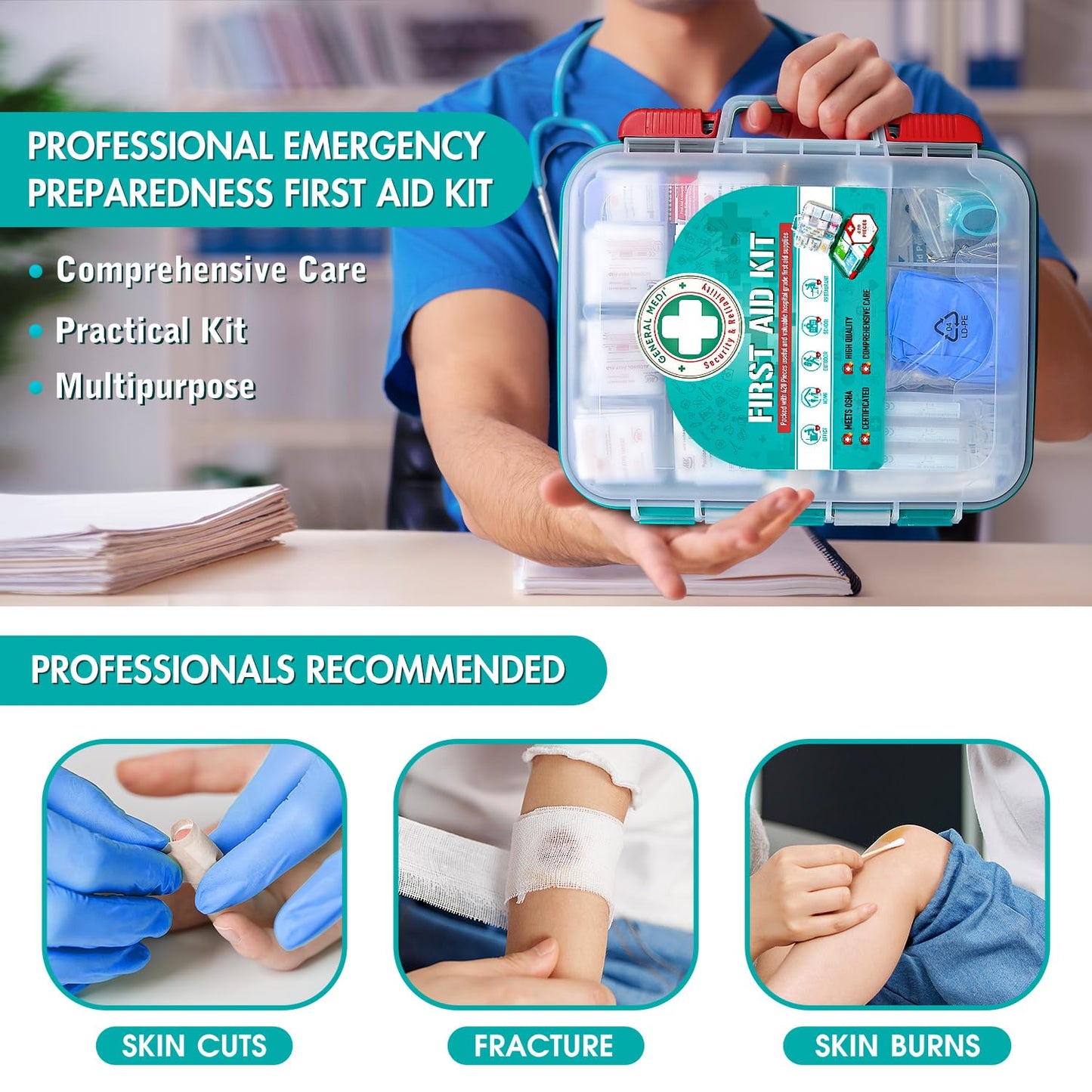 General Medi 420 Pieces Professional First Aid Kit - HardCase First Aid Box - Contains Premium Medical Supplies for Travel, Home, Office, Vehicle, Camping, Workplace & Outdoor