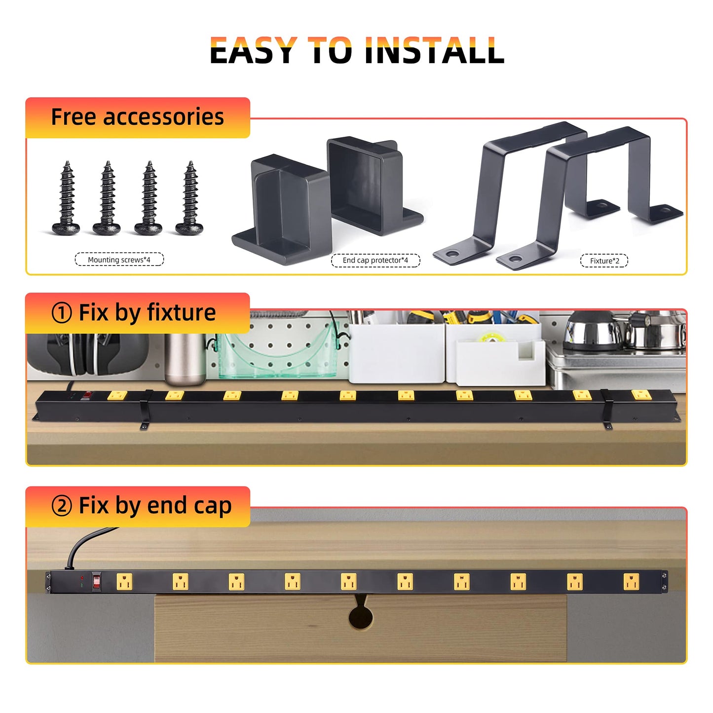 10 Outlet Long Power Strip Surge Protector, Heavy Duty Industrial Metal Power Strip 6 Feet, Wall Mountable, for Work Bench, Shop, Garage, Black (1000 Joules)