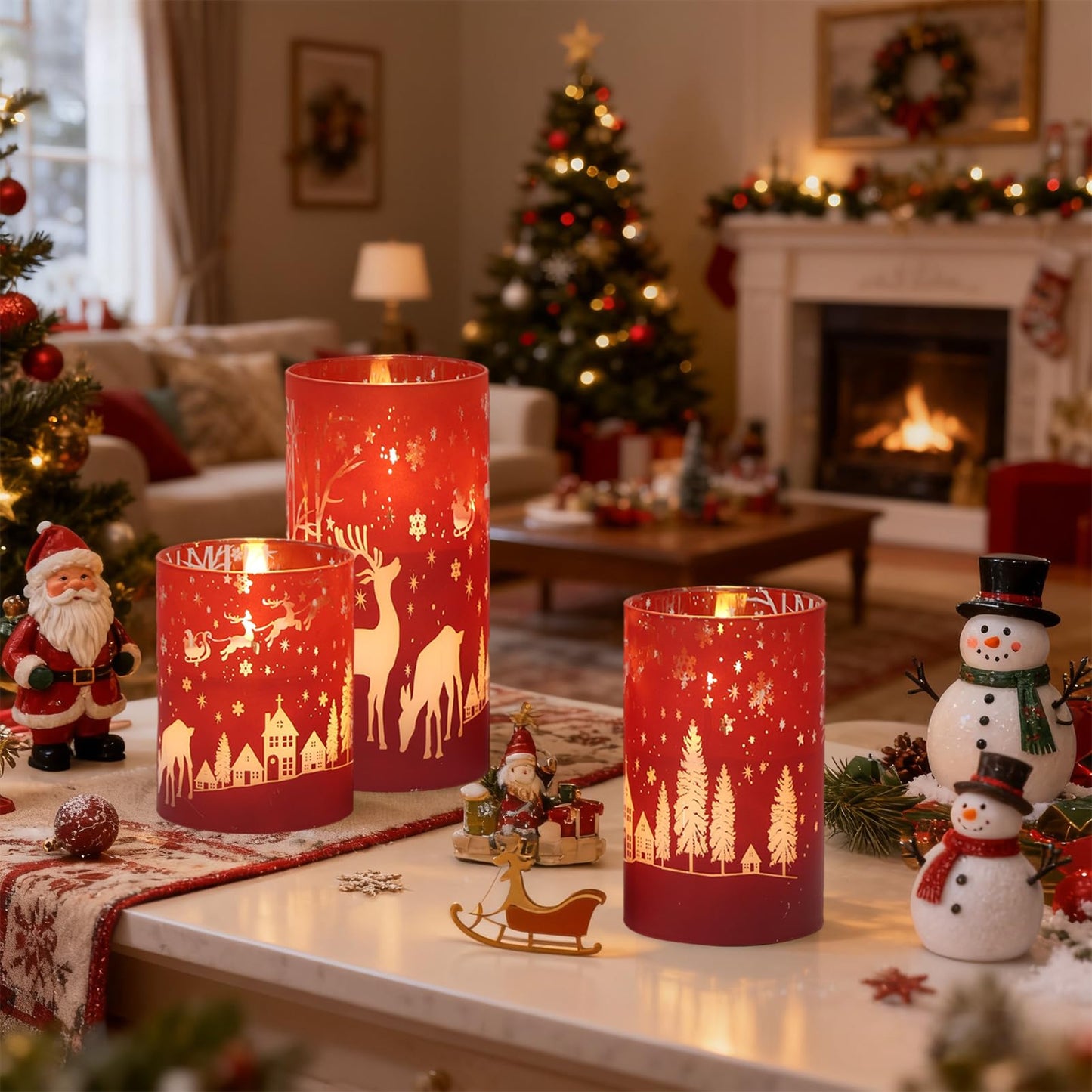 DRomance Christmas Flameless Candles Battery Operated with 10-Key Remote and Timer 3D Wick Flickering Electroplating Glass Reindeer LED Candles Indoor Holiday Decorations(Red, 3" D x 4", 5", 6" H)